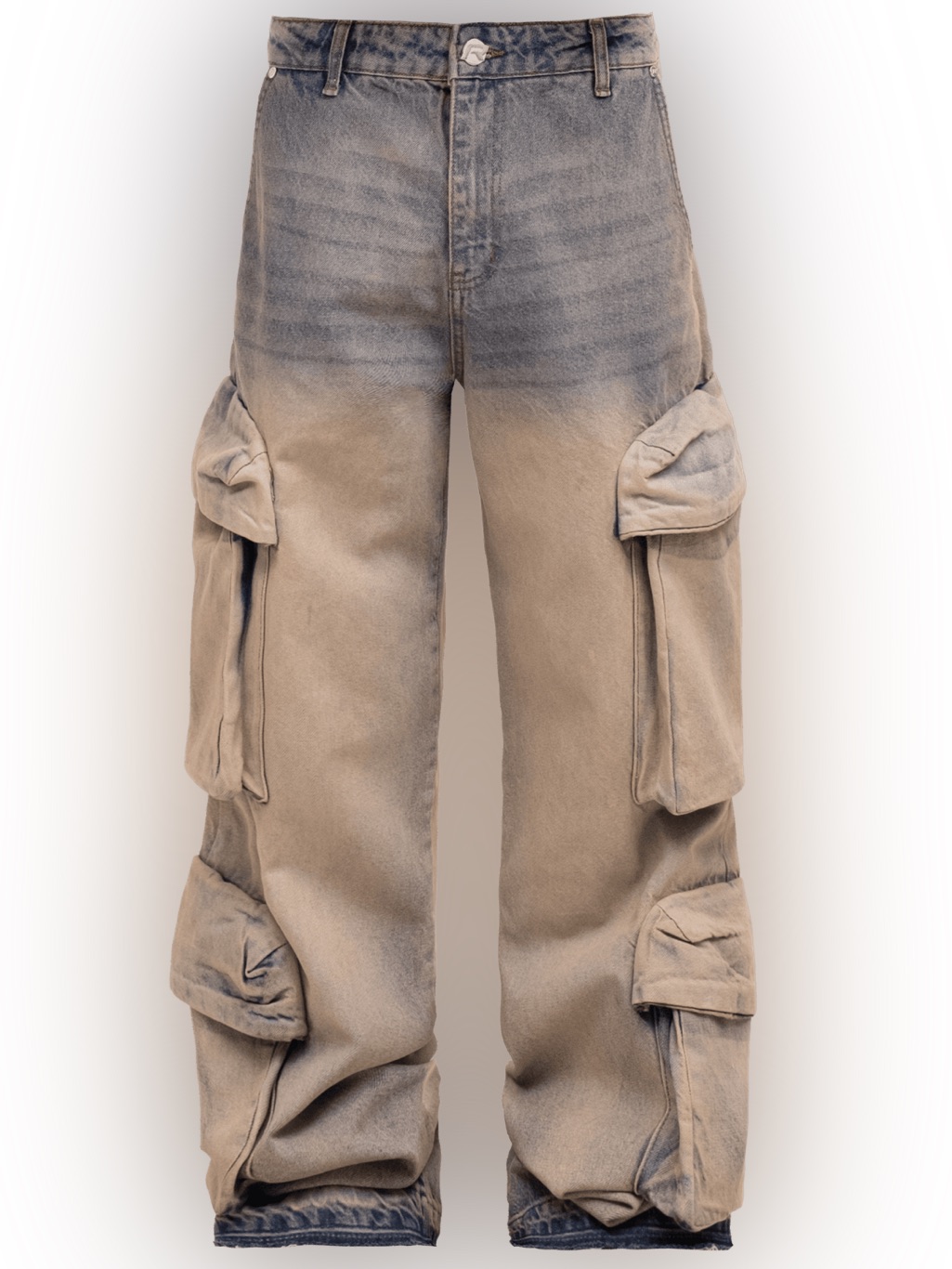 Men's Washed Beige Cargo Jeans With Multiple Pockets - M